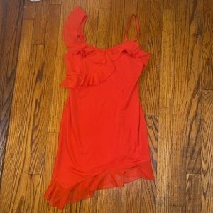 Orangey Red asymmetrical summer party mini dress